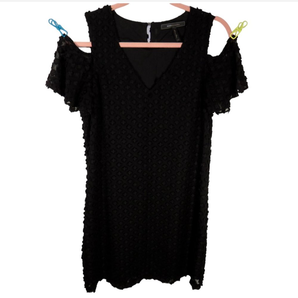BCBGMAXAZRIA Black Cold Shoulder Floral Applique Dress - Picture 4 of 9